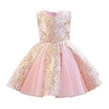 Vestido de jacquard dorado y rosado