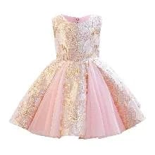 Vestido de jacquard dorado y rosado